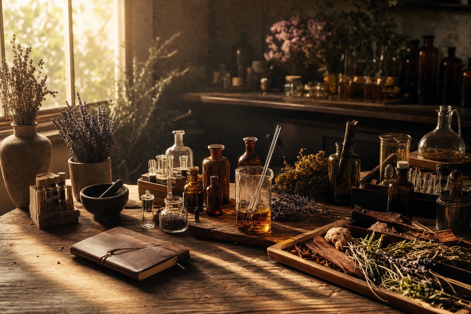 Wooden atelier table with botanicals and amber bottles