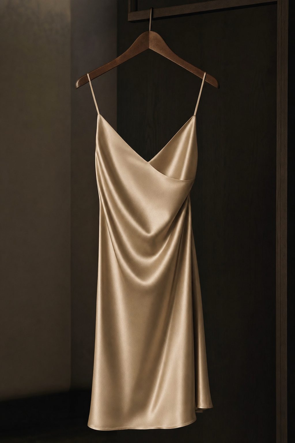 Champagne silk slip dress on hanger