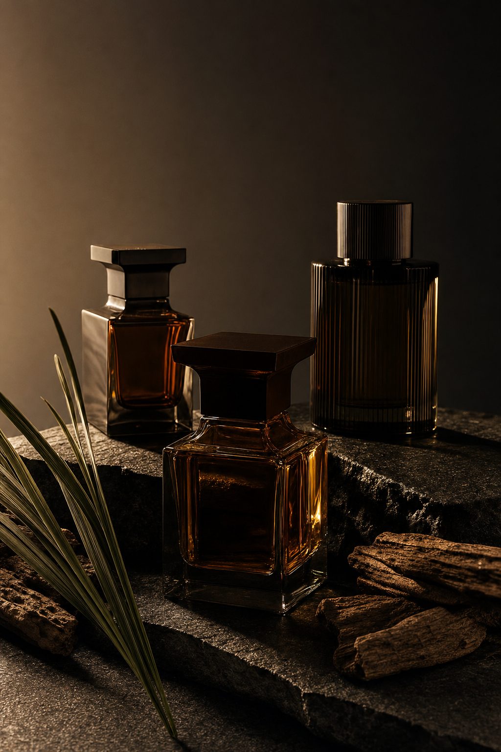 Men's fragrance display on dark stone