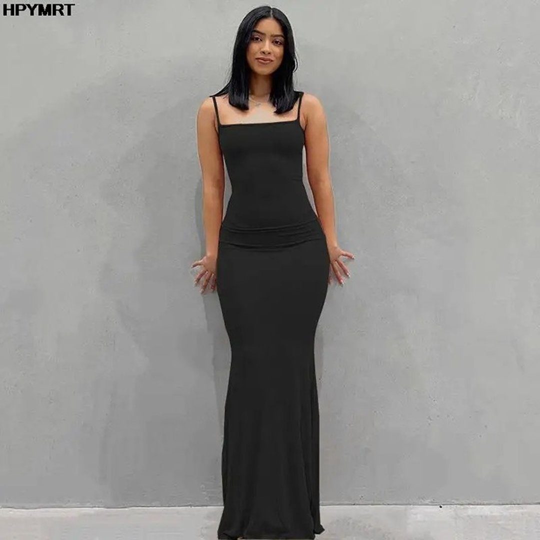 Satin Slip Backless Maxi Dress in Black